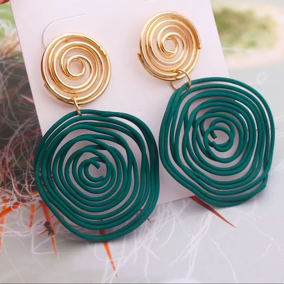 "Kendra" Asymmetrical Retro Hoop Gold Turquoise Abstract Art Geometric Earrings - Picture 2 of 10